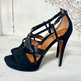 Gucci Suede Leather Trim T-Strap Stiletto Strappy Platform Sandal Black 38 / 7.5