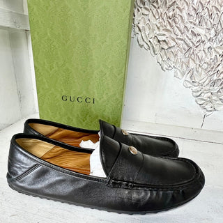 Gucci Leather GG Logo Slip On Driver Moccasins Loafer Shoes Black Men's Size 12