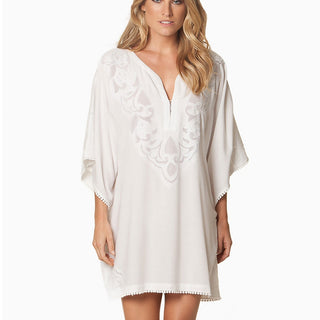 ViX Paula Hermanny Lace V-Neck Kaftan Coverup Tunic Dress White Women's Size M