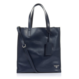 Prada Large Leather Tote Bag w/ Contrast Interior Pouch Navy Blue/Electric Blue