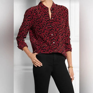 Equipment Femme Signature Silk Long Sleeve Button Down Shirt Red Hearts Women XS