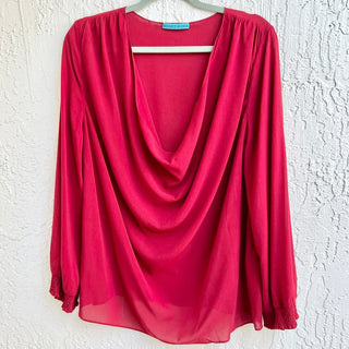 Alice +Olivia Puff Sleeve Silk Drape Cowl Neck Top Blouse Burgundy Women's Large