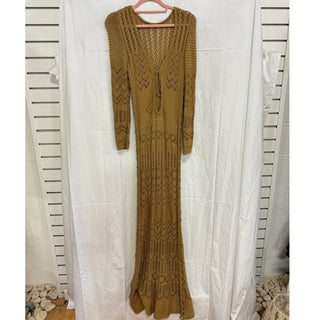 Long Sleeve Tie Front Deep V-Neck Crochet Knit Maxi Dress Tan Brown Womens Small