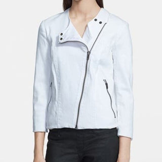 Helmut Lang 3/4 Sleeve Asymmetrical Zip Denim Moto Jacket White Women's Small