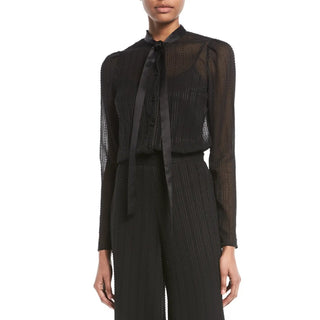 Alexis Taissa Sheer Striped Embellished Tie-Neck Button-Up Shirt Black Women's M