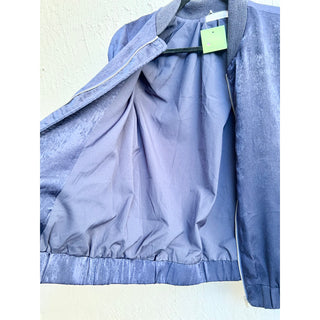 Blush Ruffle Long Sleeve Ribbed Knit Zip Up Bomber Jacket Blue Women's Size XS