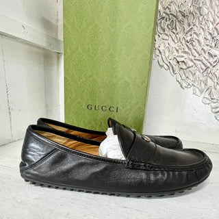 Gucci Leather GG Logo Slip On Driver Moccasins Loafer Shoes Black Men's Size 12