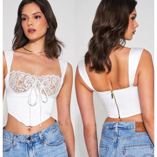 NWT Miss Circle Everly Lace Satin Sleeveless Cropped Corset Top White Women's XS