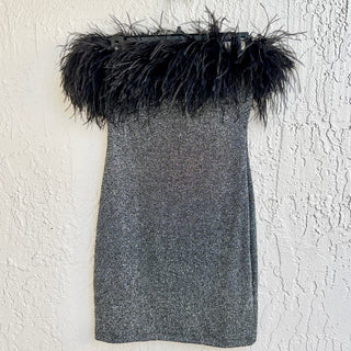 Amotea Feather Trim Glitter Jersey Strapless Mini Dress Silver Black Women's XS