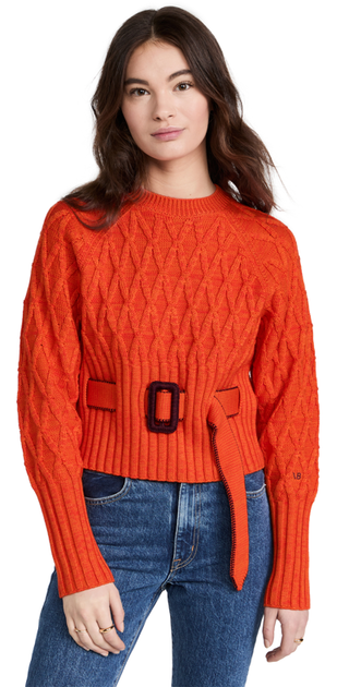 Victoria Beckham Belted Cable-Knit Wool Blend Crop Sweater Orange Womens Size XS