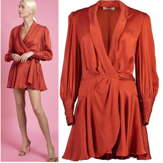 NWT Zimmermann 100% Silk Long Sleeve Tie Wrap Mini Dress Crimson Women's Size 0