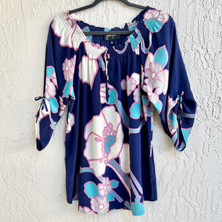 Yumi Kim Off Shoulder 100% Silk Floral Print Top Blouse Blue Women's Size Medium