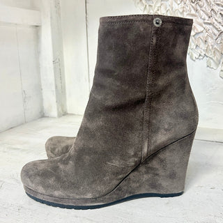 NWT Prada Suede Side Zip Wedge Heel Ankle Boots Gray/Brown Women's Size 38 / 7.5