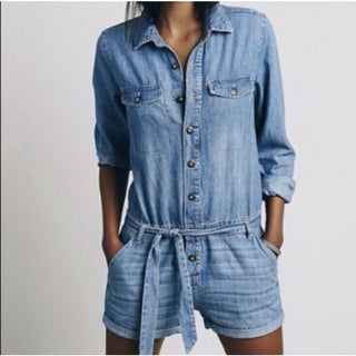 Free People Long Sleeve Button Front Belted Denim Romper Blue Women's Size XS