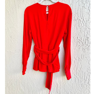 Diane Von Furstenberg Long Sleeve Tie Back Crepe Top Blouse Red Women's Size  6