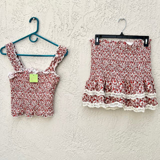 NWOT Moodie Smocked Ruffle Crop Top & Floral Mini Skirt Set Red Women's Size XS