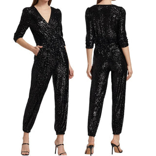 Generation Love Madison Sequin 3/4 Sleeve V-Neck Jumpsuits Black Women's Size S