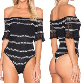 Ronny Kobo Striped Crochet Lace Off-the-Shoulder Thong Bodysuit Black/White XS