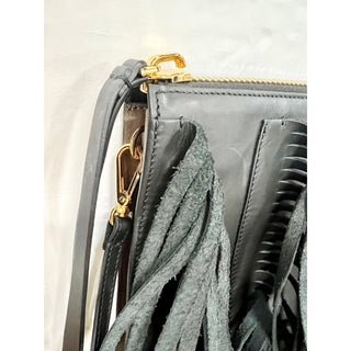 NWT Marni Fringe Black Leather Zip Crossbody Shoulder Oversize Clutch Bag