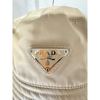 NWT Prada Milano Re-Nylon Metal Triangle Logo Womens Bucket Hat Beige Khaki M