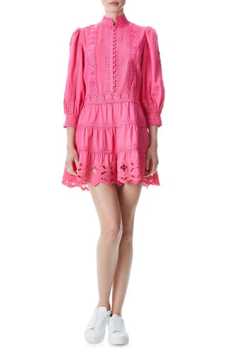 NWT Alice + Olivia Clark Mock Neck Lace Tiered Mini Dress French Rose Women's 4