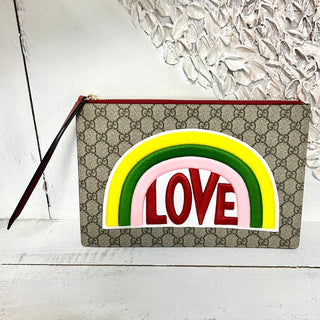 NWT Gucci Calfskin GG Supreme Monogram Embroidered Rainbow Love Zip Pouch