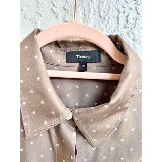 Theory Long Sleeve Polka Dot 100% Silk Button Down Classic Shirt Brown M