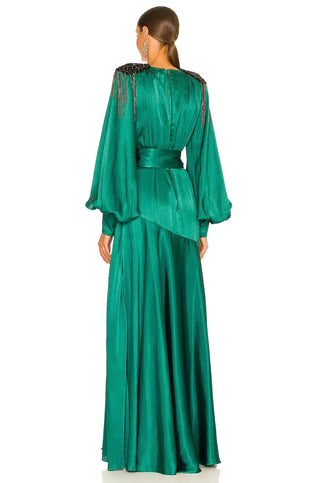 Bronx and Banco Carmen Silk Pleated Embellished Gown Emerald Green Womens M