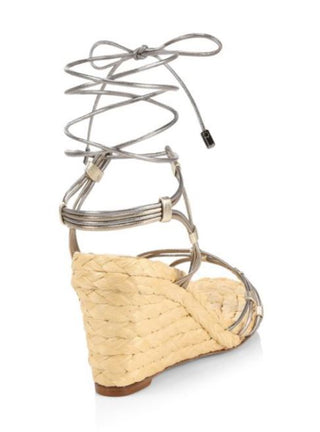 Alexandre Birman Leona Ankle-Wrap Metallic Leather Espadrille Wedge Sandals 38
