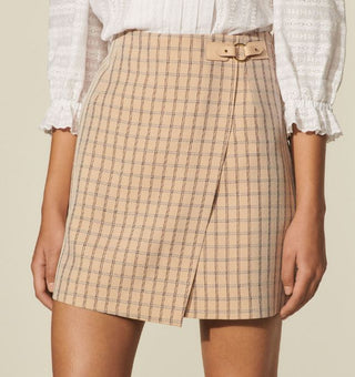 Sandro Meredith Checkered Twill Mini Faux Wrap Skirt Nude Beige Women's Size 1