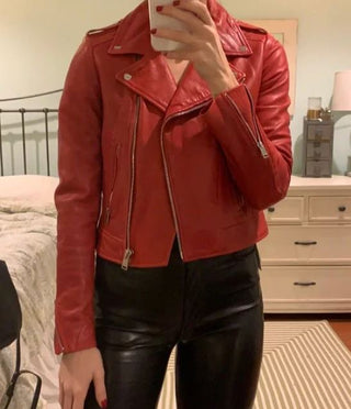 Lamarque Donna Asymmetric Zip Iconic Leather Biker Jacket Red Womens Size Medium