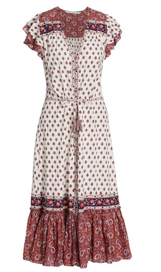 Veronica Beard Tinzia Mixed Paisley Tassel Midi Dress Red Multi Women's Small