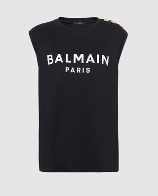 Balmain Paris Poplin Cotton Embossed Gold Metal Buttons Tank Top Black Womens 36