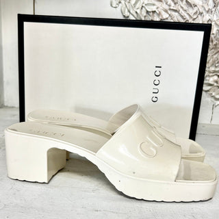 Gucci Embossed Logo Gloss Rubber Slide Heeled Mule Sandals Off-White Women 38