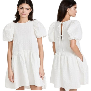 NWT English Factory Jacquard Puff Sleeve Back Tie Mini Dress White Womens Size S