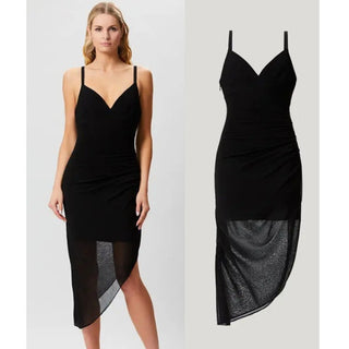 NWT HERVÉ by Hervé Léger Ruched Asymmetrical Cami Draped Dress Black Women's XXS