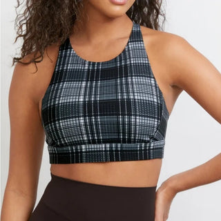 NWT Stori Endurance Plaid Print Padded Sports Bra Black/White/Gray Women's US 2