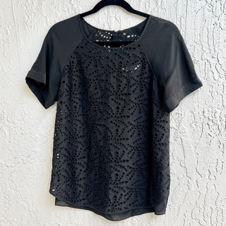 Rebecca Taylor Short Sleeve Hi Low Hem Silk Eyelet T-Shirt Black Women's Size 2