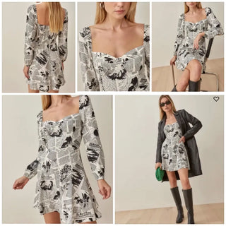 Reformation Mochi Climate Newsprint Mini Dress White Black Women's Size 4