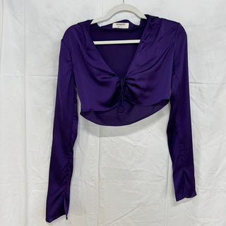 House of CB Silky Satin Long Sleeve Tie Front Crop Top Lavender Women's Size XS