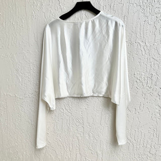 Nonchalant Label Emilia Satin Long Sleeve Raw-Cut Crop Blouse White Women Size L