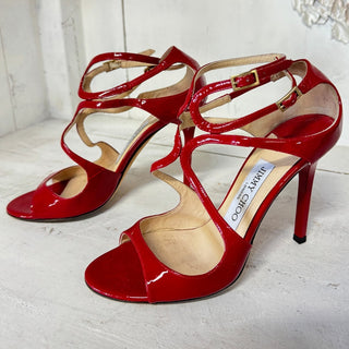 Jimmy Choo Lang Patent Strappy Stilettos Heel Pump Sandals Red Women's 36 US 5.5