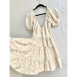 Krewe Du Q Puff Sleeve Floral Print Tiered Samos Mini Dress Honey Womens Size XS