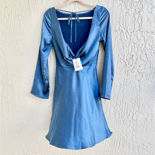 NWT Showpo. Boat Neck Open Tie Back Cladette Mini Dress Steel Blue Women's US 2