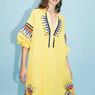 Jazmin Chebar Tunica Mexico Balloon Sleeve A-Line Midi Dress Yellow Sz 3 / Large