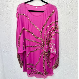 Vintage Dolman Sleeve 100% Silk Sequin Tunic Top Blouse Pink Women's Small