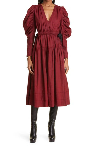 Ulla Johnson Althea Long Sleeve Tiered Ruffle Cotton Midi Dress Bordeaux Women 8