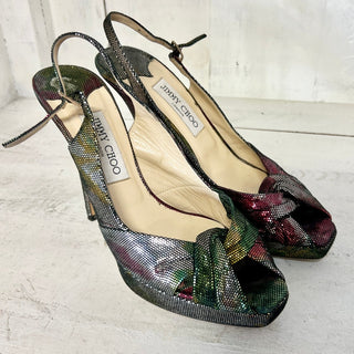 Jimmy Choo Textured Suede Metallic Peep Toe Slingback Stilettos Pumps Multi 38.5