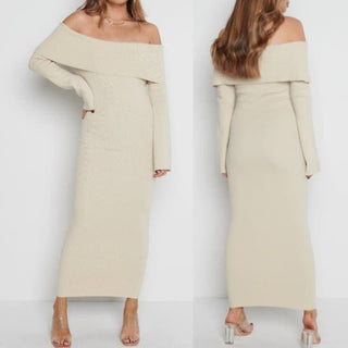 NWT Pretty Lavish Off Shoulder Soreya Knit Bardot Dress Beige Women's Size XS