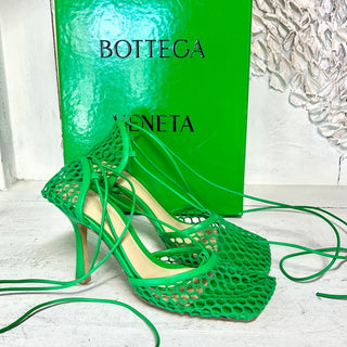 Bottega Veneta 90mm Stretch Mesh & Leather Ankle Tie Stilettos Pump Grass 37/6.5